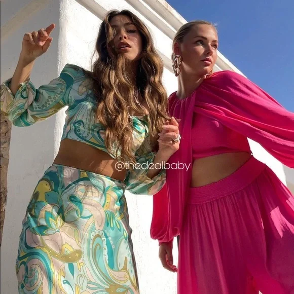 Zara Set Skirt + Crop Top 70’s Green White - Picture 7 of 12